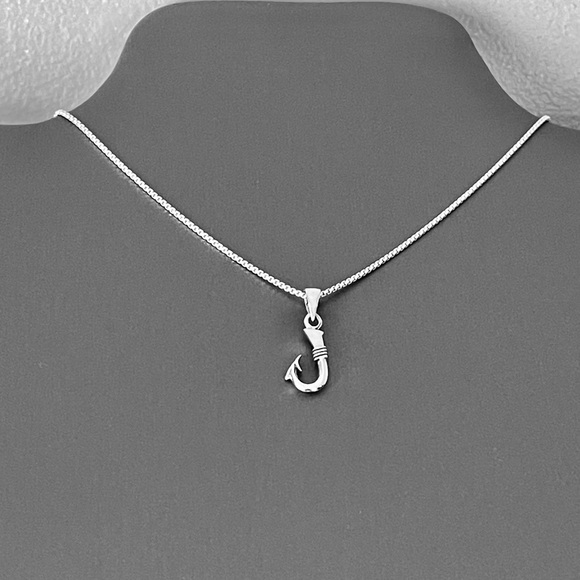 Sterling Silver Small Fish Hook Necklace, Fishing Chains, Fisherman Jewelry - Picture 7 of 9